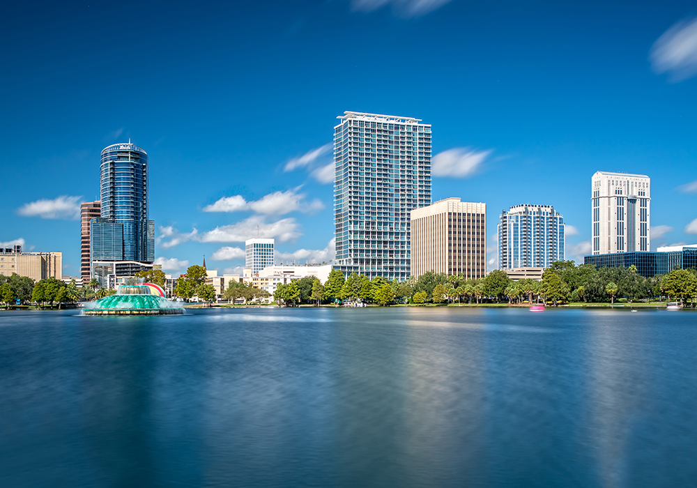 photo of downtown Orlando skyline over Lake Eola